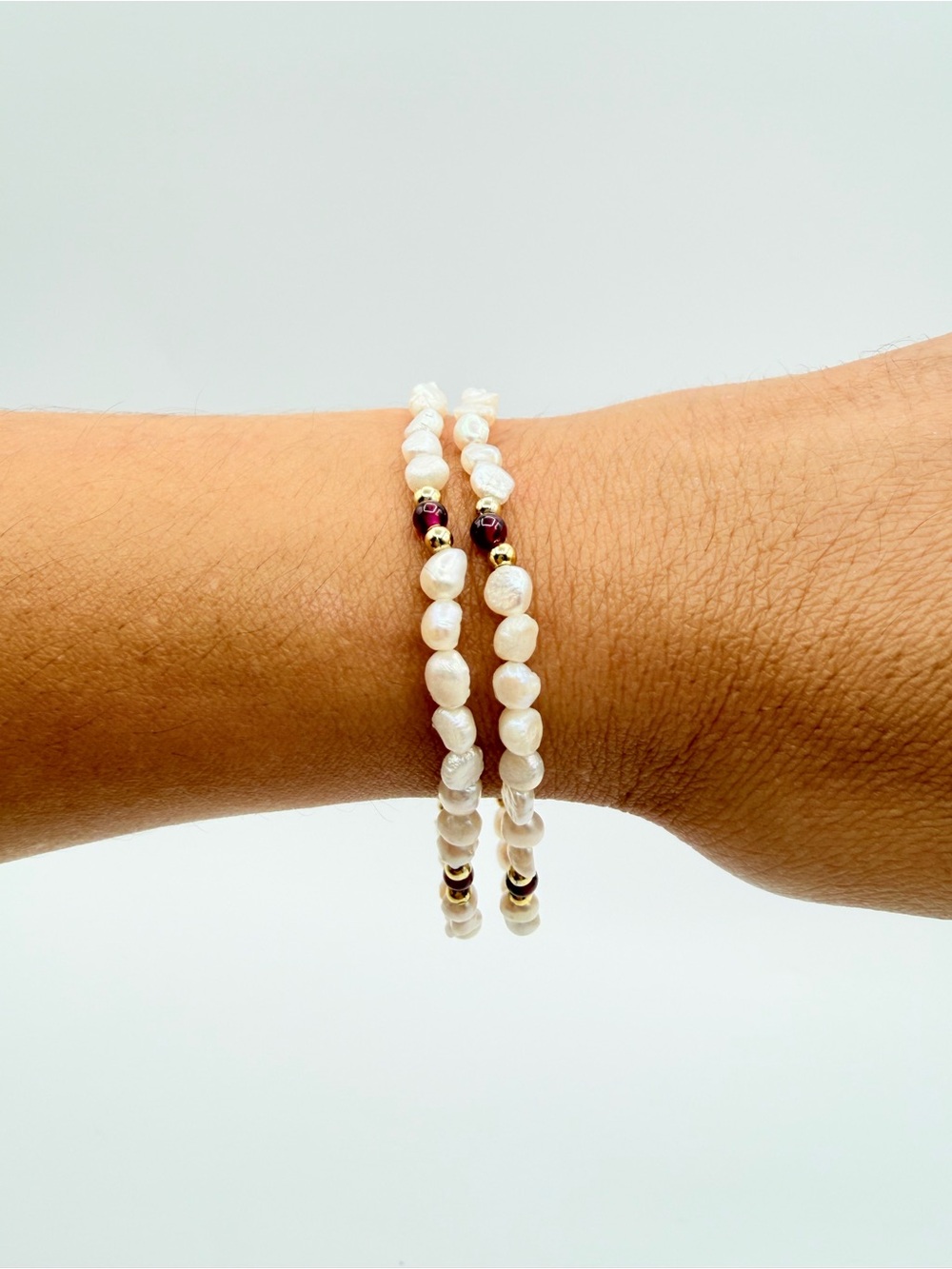 Freshwater Pearl Garnet Double Strand Bracelet Gold Tone 7.5” - Picture 2 of 10